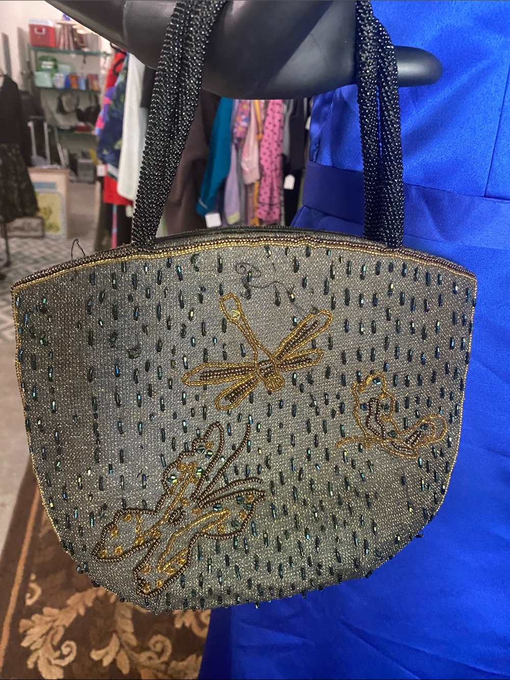Beaded Gray Dragonfly Tote Handbag 9.5x8